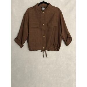 Soho Apparel LTD Drawstring Top Women's Large Roll Tab Sleeves Brown NEW